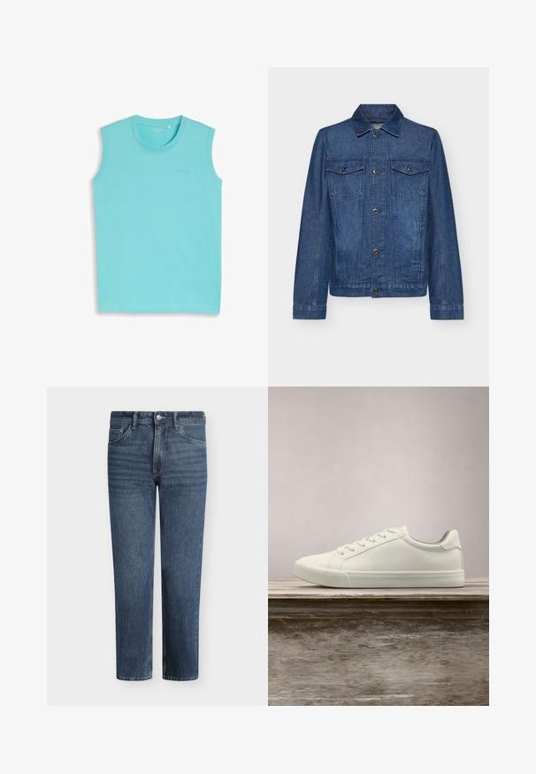 Veste en denim bleu foncé avec un col, des manches longues, deux poches poitrine et des fermetures à boutons, présentant un design classique et une texture robuste.; Débardeur turquoise à col rond avec un logo discret sur la poitrine, présenté sur un fond gris clair.; Jean en denim bleu à jambe droite avec bouton frontal, fermeture éclair, passants de ceinture et conception à cinq poches.; Sneaker en dentelle blanche flottant au-dessus d'un banc en bois avec un feuillage vert en arrière-plan, mettant en valeur le design et la texture de la chaussure.