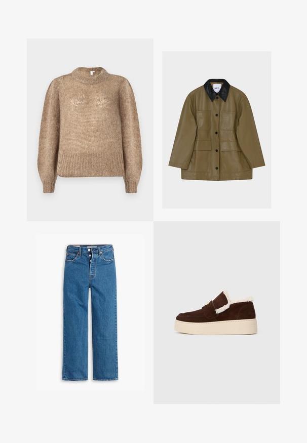 Brun læderjakke med en sort krave, der har fire forlommer, skjult knaplukning og en glat tekstur. Labelen lyder "DAY."; Beige strikket sweater med en ribbet rund halsudskæring og lange ballonsleeves. Stoffet har en blød, tekstureret finish.; Blå denim lige ben jeans med høj talje, fem lomme design og knaplukning. Markante syninger og kobberfarvede nitter.; Brune ruskinds loafers med hvid shearling-foring og en tyk beige gummisål, fotograferet fra siden på en hvid baggrund.