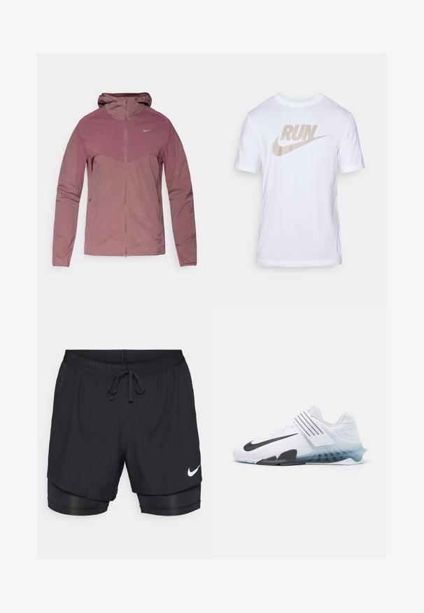 Ľahká bunda Nike v tlmenej fialovej farbe, s predným zipsom, kapucňou a modrými logovými detailmi. Textúrovaná tkanina so športovým dizajnom.; Biely bavlnený tričko s veľkým béžovým nápisom "RUN" a logom Nike swoosh, krátke rukávy a klasický okrúhly výstrih.; Čierne bežecké šortky s vonkajšou vrstvou, elastickým pásom, šnúrkou na stiahnutie a vreckami. Obsahujú biele logo Nike a vnútorné šortky.; Biela športová obuv s čiernym logom Nike, sieťovinovým zvrškom, tromi čiernymi pruhmi a gradientnou podrážkou od modrej po priesvitnú. Obsahuje posilnené akcenty.