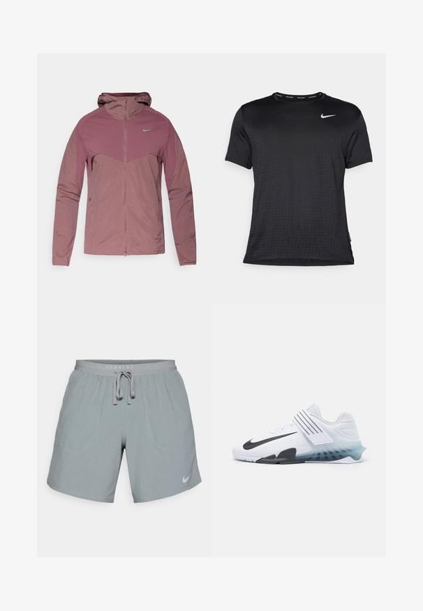 Ľahká bunda Nike v tlmenej fialovej farbe, s predným zipsom, kapucňou a modrými logovými detailmi. Textúrovaná tkanina so športovým dizajnom.; Čierne športové tričko s krátkym rukávom, s okrúhlym výstrihom, priedušnou tkaninou, jemným zvýrazneným vzorom bodiek a malým bielym logom Nike na hrudi.; Sivé bežecké šortky so šnúrkou v páse, dvoma prednými vreckami a reflexným logom Nike na spodnej pravej strane.; Biela športová obuv s čiernym logom Nike, sieťovinovým zvrškom, tromi čiernymi pruhmi a gradientnou podrážkou od modrej po priesvitnú. Obsahuje posilnené akcenty.