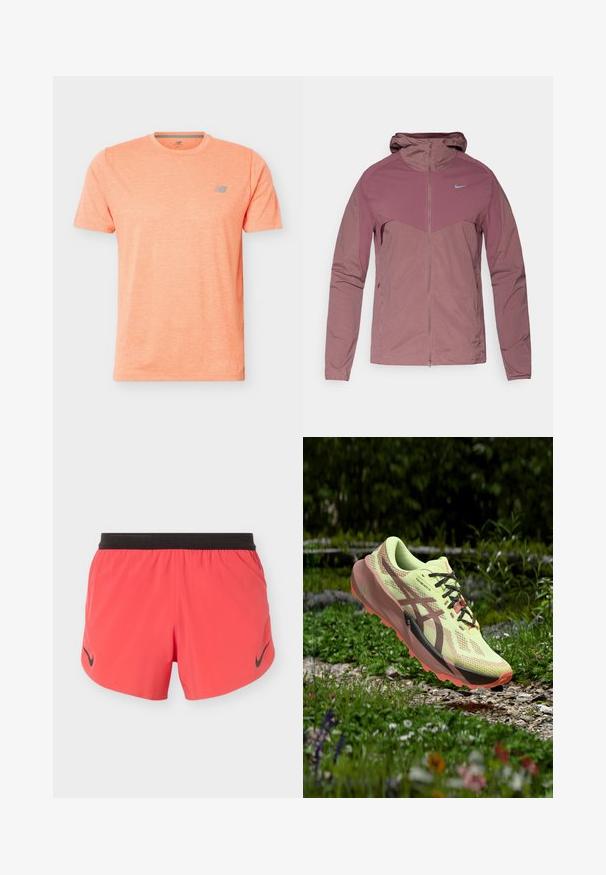 Ελαφρύ μπουφάν Nike σε απαλή μωβ απόχρωση, με φερμουάρ μπροστά, κουκούλα και μπλε λογότυπα. Υφασμα με υφή και αθλητικό σχέδιο.; Κοντομάνικο αθλητικό μπλουζάκι χρώματος ροδάκινου με στρογγυλή λαιμόκοψη και μικρό ανακλαστικό λογότυπο New Balance στο αριστερό μέρος του στήθους.; Λαμπερό κοραλλί αθλητικό σορτς με μαύρη ζώνη μέσης και μαύρα λογότυπα Nike swoosh και στα δύο πόδια, παρουσιασμένο σε απλό φόντο.; Κίτρινο και καφέ παπούτσι για τρέξιμο σε μονοπάτι με μαύρα κορδόνια να αιωρείται πάνω από ένα χαλίκι, περιτριγυρισμένο από πράσινο γρασίδι και λουλούδια.