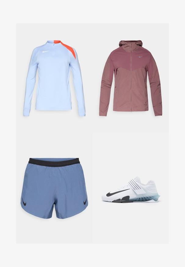 Lichtgewicht Nike-jas in gedempte mauve, met een ritssluiting aan de voorkant, capuchon en blauwe logo-accenten. Gevoerd met een sportief ontwerp en een gestructureerde stof.; Lichtblauwe sporttop met lange mouwen en een kwartrits, met oranje accenten op de schouders en een klein wit Nike-logo op de borst.; Lichtblauwe sportshorts met een elastische zwarte tailleband, met een zwart Nike-logo aan de linkerkant en gemaakt van een gladde, lichte stof.; Witte sportieve schoen met zwarte Nike swoosh, bovenwerk van mesh, drie zwarte strepen en een verloopsole van blauw naar transparant. Voorzien van versterkte accenten.