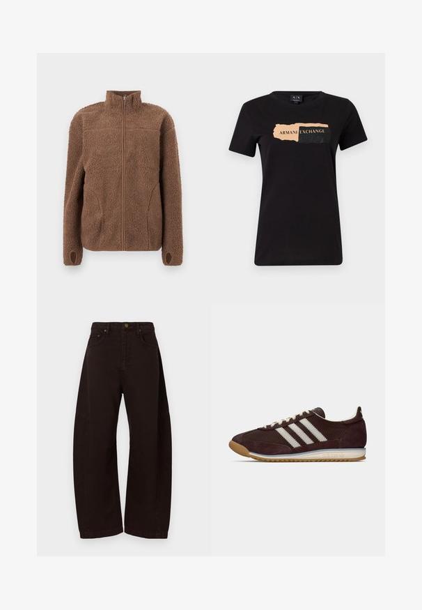 Braune Fleecejacke mit durchgehendem Reißverschluss, hohem Kragen, strukturierter Plüschstoff, langen Ärmeln und Daumenlöchern an den Bündchen.; Schwarzes T-Shirt aus Baumwolle mit einem grafischen Design, das "ARMANI EXCHANGE" in hellem Pfirsich und schwarzen strukturierten Akzenten zeigt. Normale Passform.; Schwarze, weit geschnittene Hosen aus Denim, mit hohem Bund, Metallknopfverschluss und seitlichen Taschen. Glatte Textur, gerader Schnitt.; Niedrig profilierter dunkelburgunderfarbener Adidas Sneaker mit weißen Streifen, cremfarbenen Schnürsenkeln und Gummisohle, seitliche Ansicht vor einfarbigem Hintergrund.