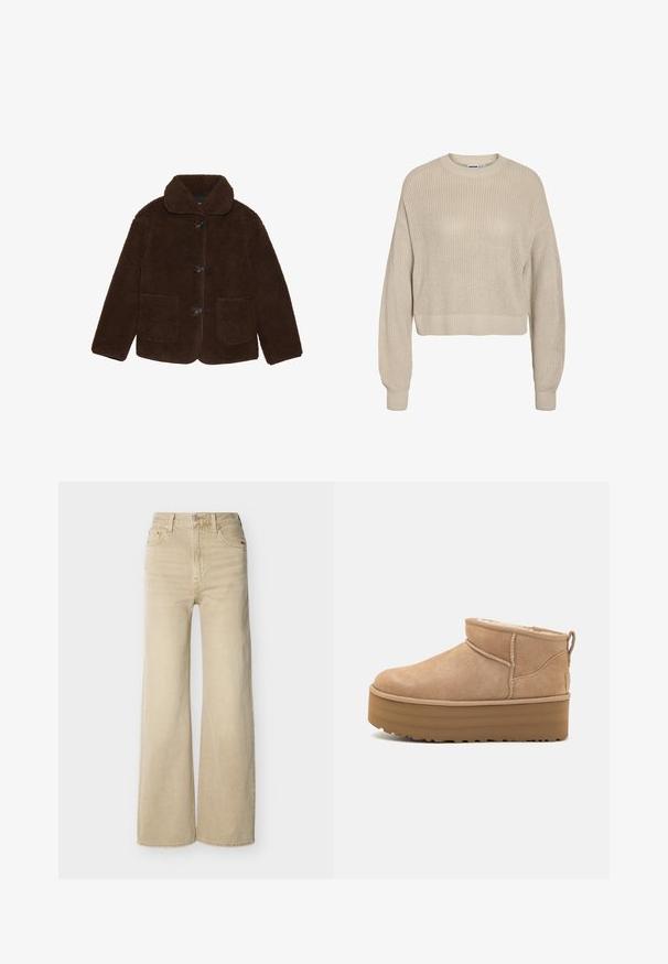 Brun kunstpelsjakke med krave, frontknaplukning og to påsyede lommer. Texturet overflade, ingen synlige mønstre eller accenter.; Beige strikket trøje med rund hals, lange ærmer og ribkant ved ærmer og kant, vist på hvid baggrund.; Beige højtaljede vide ben jeans med forreste knap og lynlås, for- og baglommer samt bæltestropper på en hvid baggrund.; Beige ruskinds ankelstøvler med et blødt indre, der har en platformssål og en strop bagpå for nem påtagning. Tekstureret gummisål.