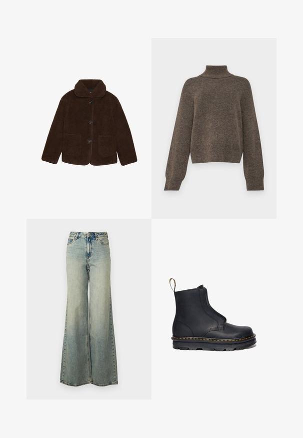 Braune Kunstfelljacke mit Kragen, vorderem Knopfverschluss und zwei aufgesetzten Taschen. Strukturierte Oberfläche, keine sichtbaren Muster oder Akzente.; Brauner, gestrickter Pullover mit hohem Kragen und lockerer Passform. Hat lange Ärmel und einen weichen, strukturierten Stoff.; Helles blauweite Jeans im Denim-Stil mit hoher Taille, ausgewaschenem Finish und seitlichen Taschen mit sichtbaren Nähten.; Schwarze Leder-Stiefelette mit elastischen seitlichen Einsätzen, runder Zehenform, kontrastierenden gelben Nähten und einer robusten Gummisohle.