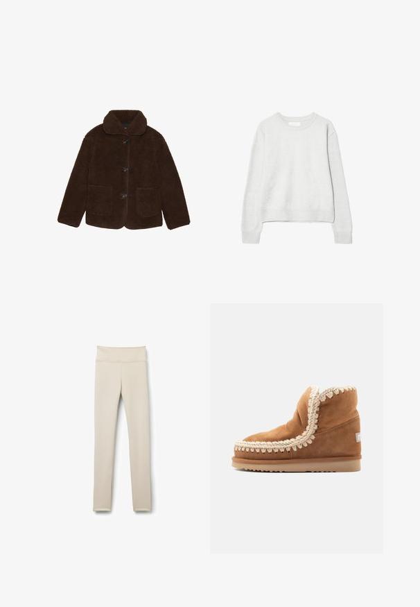 Brun kunstpelsjakke med krave, frontknaplukning og to påsyede lommer. Texturet overflade, ingen synlige mønstre eller accenter.; Lysegrå langærmet crewneck-trøje med ribbede manchetter og kant, lavet af blødt strikket stof, vist på hvid baggrund.; Beige leggings lavet af strækbart stof. Høj talje, tætsiddende pasform, med glat tekstur og uden synlige mønstre eller hardware.; Brune ruskind ankelstøvle med cremefarvet flettet trim, polstret indvendig og gummisål. Har et lavprofil design med et logo på siden.