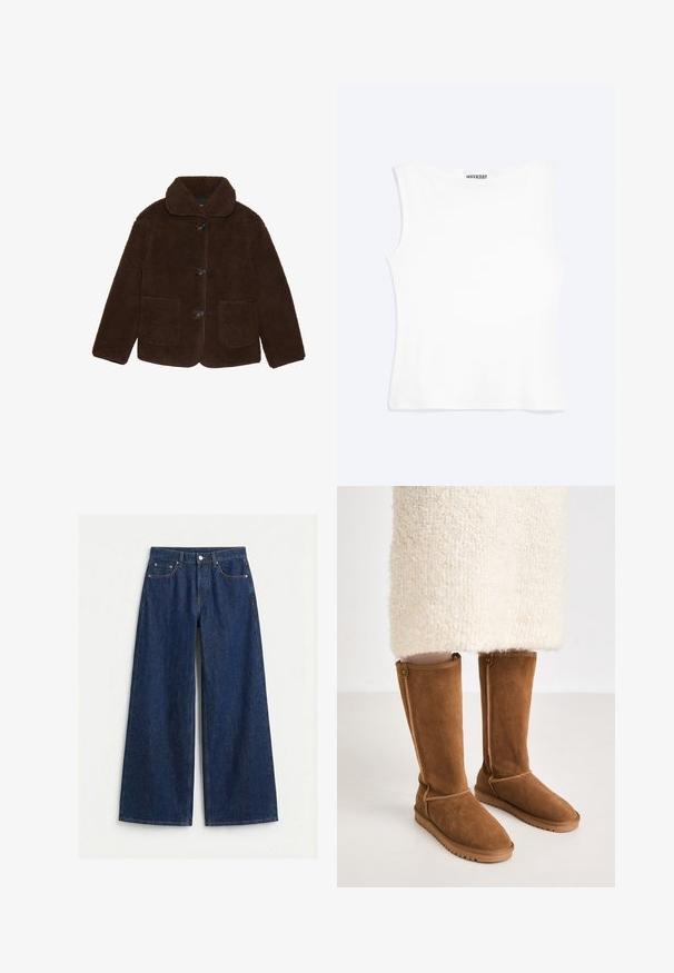 Brun kunstpelsjakke med krave, frontknaplukning og to påsyede lommer. Texturet overflade, ingen synlige mønstre eller accenter.; Hvid tætsiddende ærmeløs tanktop med rund halsudskæring og minimalistisk design, mærket "WEEKDAY" indeni kraven.; Mørkeblå vidde ben denimjeans med forreste knap og lynlås, bæltestropper og fem-lomme design på en ensfarvet lys baggrund.; Knæhøje brune ruskindsstøvler med en glat tekstur, der har sidesyninger og en gummisål for bedre greb.