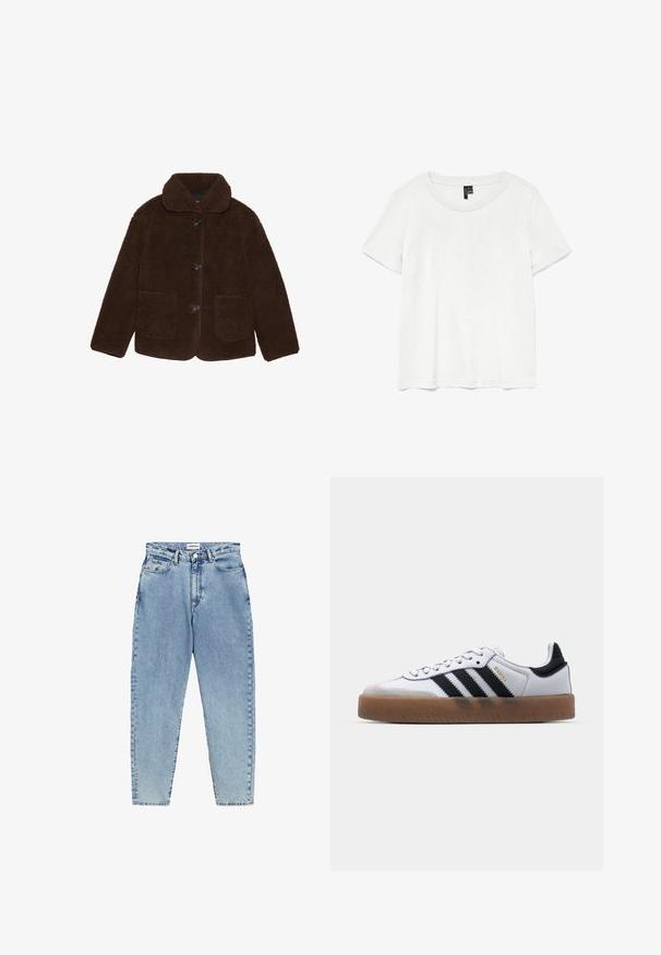 Veste en fausse fourrure marron avec un col, fermeture à boutons à l'avant et deux poches plaquées. Surface texturée, sans motifs ou accents visibles.; T-shirt blanc à manches courtes avec un col rond, fabriqué en tissu léger. Design simple, texture lisse et ourlet droit.; Jean en denim bleu clair avec une taille haute, une coupe droite et des coutures contrastantes. Dispose de poches avant et arrière, ainsi qu'une fermeture à bouton.; Baskets en cuir blanc avec des rayures noires, semelle extérieure en caoutchouc beige, bout rond, fermeture lacée et embout en suède gris doux.