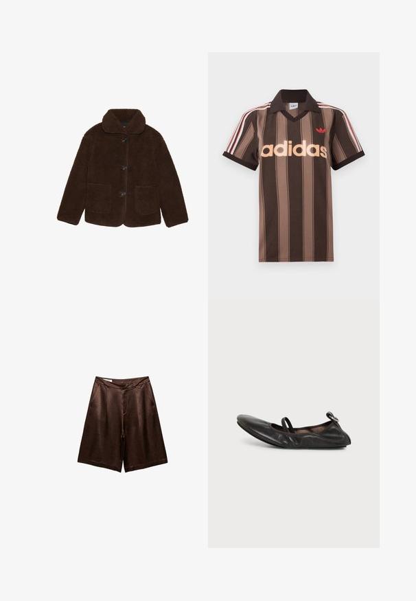 Veste en fausse fourrure marron avec un col, fermeture à boutons à l'avant et deux poches plaquées. Surface texturée, sans motifs ou accents visibles.; Polo Adidas rayé marron avec col en V, col bordeaux, et logo rouge. Comprend des rayures blanches et rouges sur les épaules, manches courtes.; Shorts mi-longues en satin brun avec poches avant, ceinture et fermeture cachée à l'avant, présentés sur fond blanc.; Chaussure plate en cuir noir avec bout arrondi, bride élastique sur le cou-de-pied et petit détail de boucle métallique au talon.
