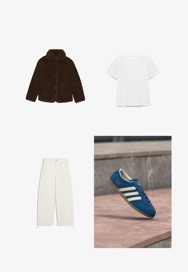 Veste en fausse fourrure marron avec un col, fermeture à boutons à l'avant et deux poches plaquées. Surface texturée, sans motifs ou accents visibles.; T-shirt blanc uni à manches courtes et col rond, avec un ourlet droit, présenté sur un fond blanc.; Pantalon ample écru avec bouton et fermeture éclair à l'avant, deux poches avant, et cordons de serrage à l'ourlet sur fond blanc.; Baskets en daim bleu avec bandes et lacets crème, semelle en caoutchouc naturel, surface texturée, bout arrondi et logo sur le côté.