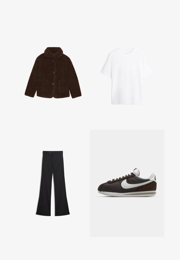 Veste en fausse fourrure marron avec un col, fermeture à boutons à l'avant et deux poches plaquées. Surface texturée, sans motifs ou accents visibles.; T-shirt blanc uni à manches courtes et col rond, coupe décontractée, présenté sur un fond blanc.; Pantalon noir taille haute à jambes larges avec une taille à double bouton et une fermeture éclair frontale, présenté à plat sur un fond blanc.; Baskets Nike marron et gris avec accents blancs ; matériaux en cuir et en daim ; semelles texturées ; lacets gris ; design rétro classique.
