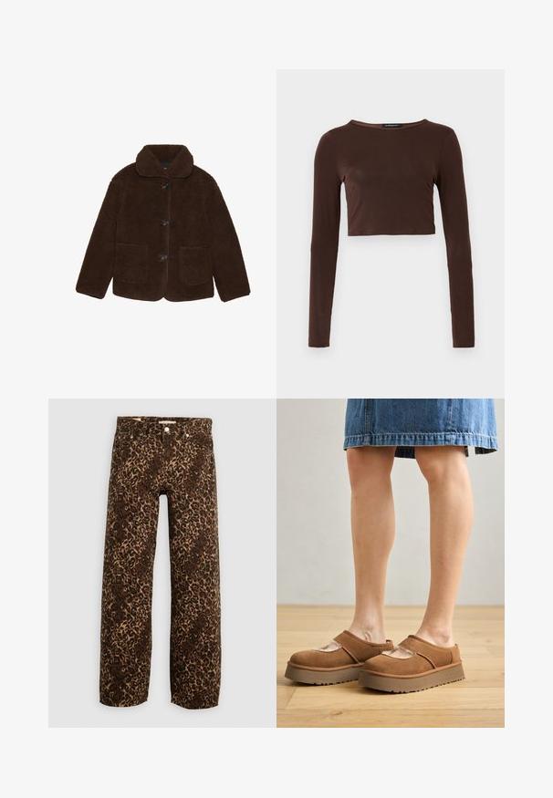 Braune Kunstfelljacke mit Kragen, vorderem Knopfverschluss und zwei aufgesetzten Taschen. Strukturierte Oberfläche, keine sichtbaren Muster oder Akzente.; Brauner, langärmeliger, verkürzter Oberteil aus glattem Material mit einem runden Ausschnitt und figurbetontem Design. Keine sichtbaren Muster oder Akzente.; Leopardenmusterweite Beinhosen in Braun und Beige. Hergestellt aus Denim, mit einem klassischen Fünf-Taschen-Design und Metallbeschlägen.; Braune Wildleder-Plateauschuhe mit abgerundetem Zehenbereich, Cut-out-Details und einer stabilen Sohle, kombiniert mit einem Jeansrock auf einem Holzboden.