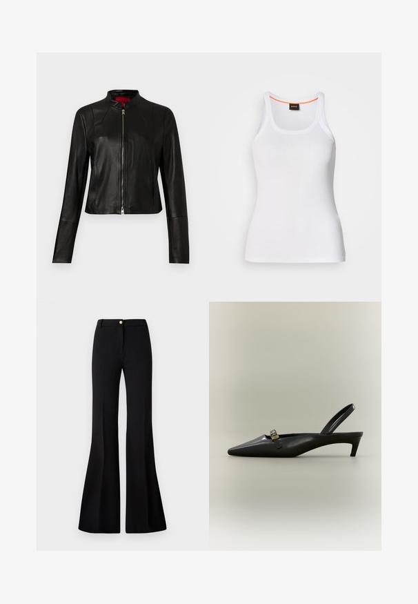 Zwarte leren jas met een opstaande kraag en een ritssluiting aan de voorkant. Soepele textuur met lange mouwen en een cropped ontwerp.; Wit geribd tanktop met een ronde hals, voorzien van een smal bandjesontwerp en een oranje accent langs de binnenkant van de halslijn. Merkembleem zichtbaar.; Zwarte flare-pantalons gemaakt van een gladde stof, met een ritssluiting aan de voorkant, ceintuurlussen en een schone, geklede uitstraling.; Zwarte lederen slingback kitten heel met puntige neus en klein gouden gespsluiting op een effen achtergrond.