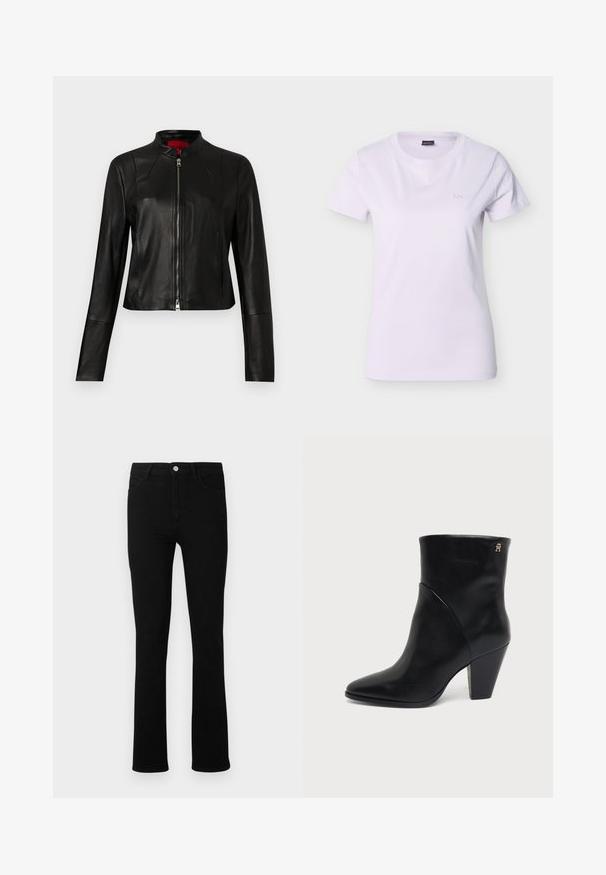 Veste en cuir noir avec col montant et fermeture éclair frontale. Texture lisse, manches longues et coupe courte.; T-shirt blanc pour femme à manches courtes avec col rond et petit logo "BOSS" en relief sur le côté gauche de la poitrine.; Jeans en denim noir avec une coupe slim, jambes droites, fermeture à bouton à l'avant, passants de ceinture et deux poches avant. Texture lisse et détails minimaux.; Bottine en cuir noir à bout pointu, talon carré et petit logo doré près du bord supérieur sur le côté extérieur.