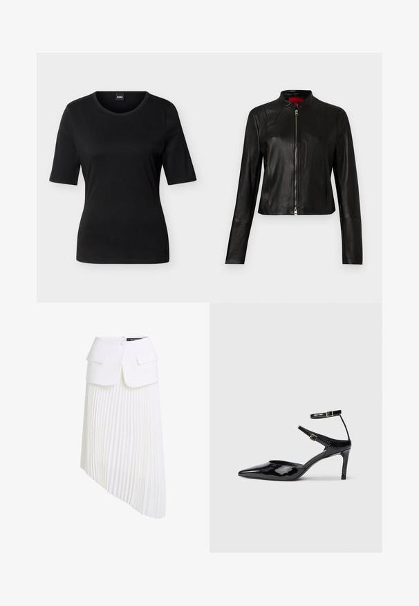 Veste en cuir noir avec col montant et fermeture éclair frontale. Texture lisse, manches longues et coupe courte.; T-shirt noir ajusté à manches courtes avec col rond et étiquette de marque à l'intérieur du col arrière.; Jupe plissée blanche avec un ourlet asymétrique, dotée d'une taille structurée, de deux poches avant et d'une texture de tissu lisse.; Talons en cuir verni noir avec un bout pointu, des sangles de cheville ajustables et un talon fin. Texture lisse avec une finition brillante.