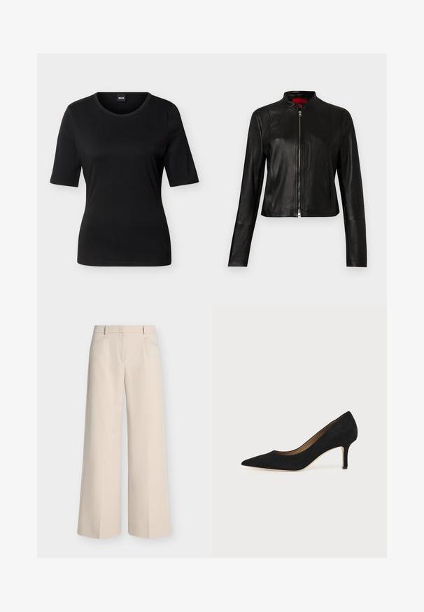 Veste en cuir noir avec col montant et fermeture éclair frontale. Texture lisse, manches longues et coupe courte.; T-shirt noir ajusté à manches courtes avec col rond et étiquette de marque à l'intérieur du col arrière.; Pantalon beige à jambes larges avec poches avant, passants de ceinture et devant plat, présenté sur un fond clair uni.; Escarpin en daim noir à bout pointu avec un talon stiletto fin de hauteur moyenne et un design à coupe basse sur un fond uni.