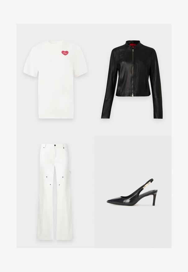 Sort læderjakke med ståkrave og lynlåslukning foran. Glat tekstur med lange ærmer og et kort snit.; Hvid bomulds t-shirt med et rosa hjerteformet grafisk design med ordet "Hugs" i kursiv. Korte ærmer og afslappet pasform.; Hvide bukser med lige ben, lukning med knap og lynlås, bæltestropper og flere sorte nitter på forsiden af lårområdet.; Sort læder slingback højhælede sko med spidse tæer, glat overflade og en smal ankelrem med guldfarvede hardware detaljer.