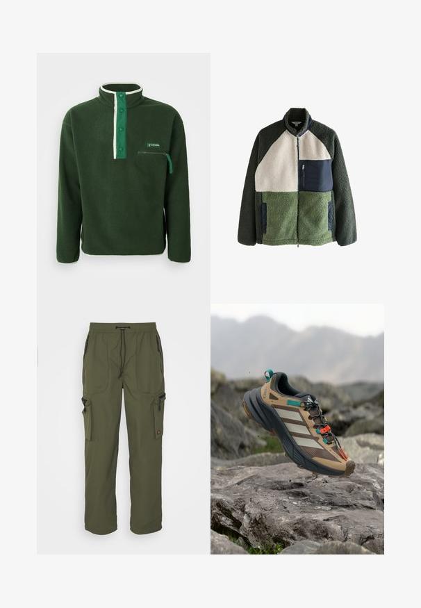 Fleece bunda s panelmi v zelenej a smotanovej farbe, vysokým golierom, zipsom a morskou modrou náprsní kapsou. Texturovaná tkanina.; Zelený fleecový pulóver s vysokým golierom, so kontrastným bielym zipsom, patentkami a zipsovým vreckom na hrudi. Textúrovaná látka.; Olive zelené cargo nohavice vyrobené z ľahkej tkaniny, s elastickým pásom, sťahovacou šnúrkou a viacerými zipsovými vreckami.; Hnedá a sivá športová obuv s bielymi pruhmi, oranžovým a tyrkysovým akcentom, textúrovaným sieťovinovým materiálom a robustnou podrážkou pre lepšiu trakciu.