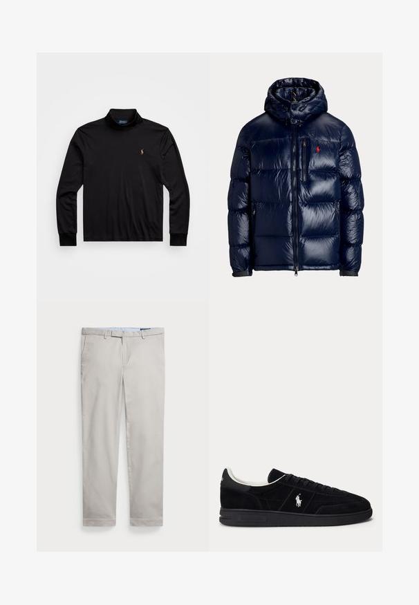 Läikiv mereväe sinine puffer-jakk kapuutsiga, eesmine tõmblukk, rinnatasku, küljetaskud ja väike punane tikitud logo rinnal.; Must have pikkade varrukatega must polo särk, millel on kõrgem krae. Valmistatud siledast kangast, vasakul rinnal on väike tikitud logo.; Heledad helebeige puuvillased püksid sirge jala disainiga, vööloopidega, küljetaskutega ja puhta äärisega. Sile tekstuur, minimaalne detailide hulk.; Mustad madala lõuaga toss mustade paelte, valge voodri ja valge Polo Ralph Laureni logoga küljel ja kannal.