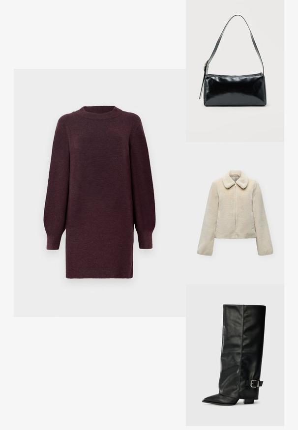 Veste en fausse fourrure couleur crème avec fermeture éclair devant et large col, présentée sur un fond gris clair.; Robe-sweater bordeaux avec un col rond et de longues manches légèrement bouffantes. Fabriquée en tissu doux et texturé. Se termine au-dessus du genou.; Bottes noires en cuir longueur cheville avec un bout pointu, texture lisse et une accent en boucle argentée sur le côté. Talon carré épais.; Sac d'épaule rectangulaire noir avec une sangle réglable unique et une fermeture éclair supérieure sur un fond uni.
