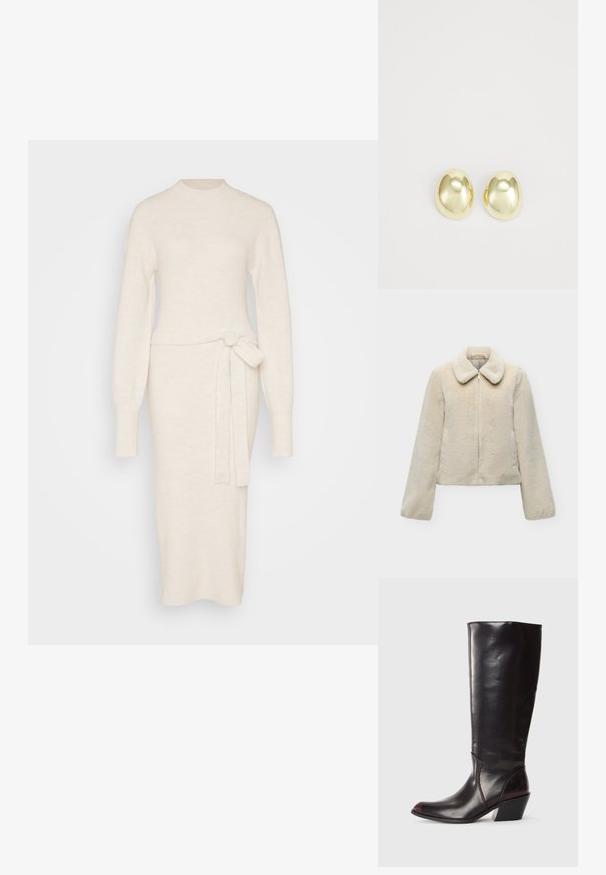 Krémová bunda z umelého kožúšku so zapínaním na zips vpredu a širokým golierom, zobrazená na svetlosivom pozadí.; Pletené šatové šaty v off-white farbe s dlhými rukávmi, s vysokým golierom a detailom viazania v páse, s priliehavým strihom.; Kožená čižma po kolená, tmavo hnedá, s špičatou špičkou, ostrým blokovým podpätkom a hladkým, lesklým povrchom. Vyznačuje sa čistým dizajnom a švíkovým detailom.; Náušnice so zlatým tónom, vyrobené z kovu, s hladkým, zaobleným tvarom a lesklým povrchom. Jednoduchý dizajn bez ďalších ozdôb.