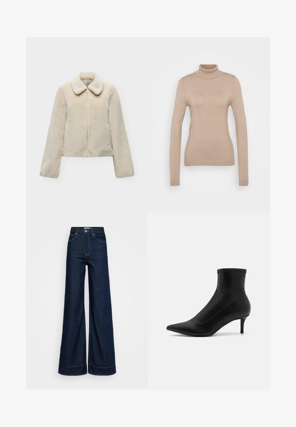 Flødefarvet faux pelsjakke med lynlås foran og en bred krave, vist mod en lys grå baggrund.; Beige turtleneck sweater lavet af blødt strikket stof. Har lange ærmer, tætsiddende design og ribstrik ved hals og kant.; Mørkeblå høj talje brede bukser med forlommer, bæltestropper, knaplukning og synlige syninger på en hvid baggrund.; Sorte ankelstøvler i glat læder med spids tå og en kort, tynd hæl. Har et sømløst design og subtile stikninger.
