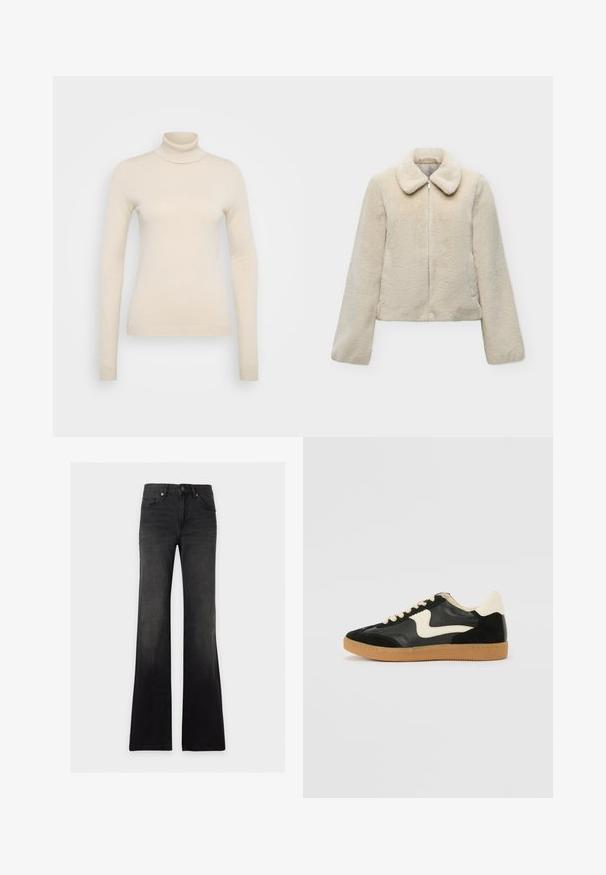 Crèmekleurig jasje van nepbont met een rits aan de voorkant en een brede kraag, getoond tegen een lichtgrijze achtergrond.; Vero Moda Tall VMHAPPINESS ROLLNECK - Trui - oatmeal; Zwarte high-waist flare jeans met voorzakken, riemlussen, knoopsluiting en een vervaagd was-effect.; Zwarte suède en leren sneaker met een crèmekleurige zij-swoosh en lichte crèmekleurige hiel. Voorzien van beige veters en een gumrubberen zool.