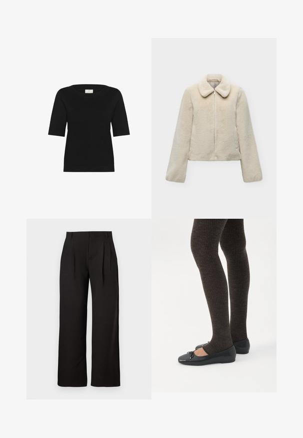 Veste en fausse fourrure couleur crème avec fermeture éclair devant et large col, présentée sur un fond gris clair.; Un haut tricoté noir à manches courtes avec un large col bateau, une texture côtelée et un ourlet droit. Fabriqué en tissu doux et respirant.; Pantalon noir taille haute à jambe droite avec plis à l'avant et passants pour ceinture, présenté sur un fond blanc uni.; Jambes portant des leggings côtelés foncés associés à des ballerines noires avec de petits détails en nœud sur fond blanc.
