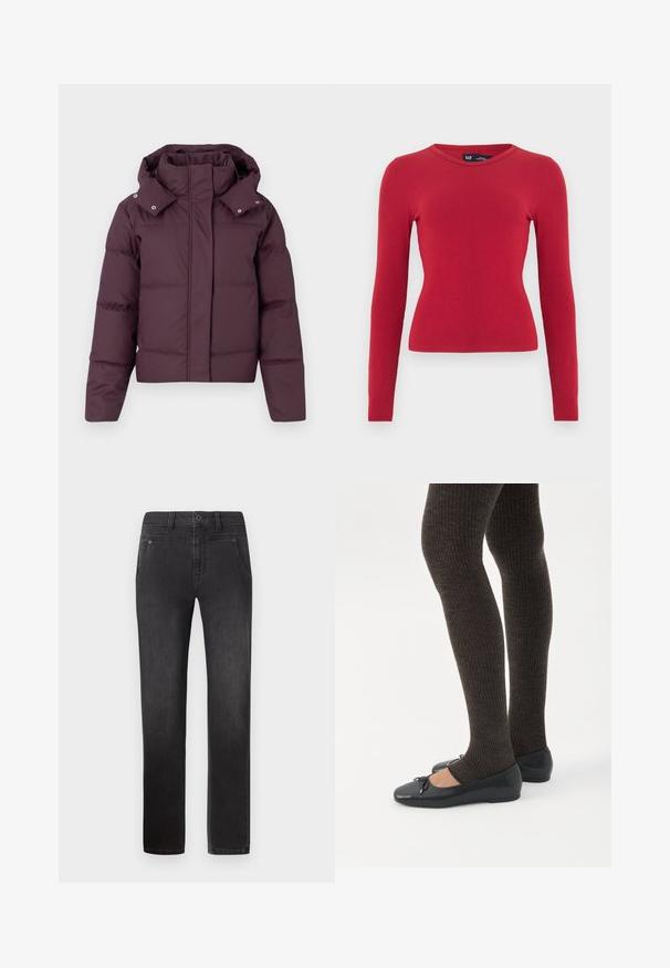 Chaqueta corta acolchada en ciruela oscura con cuello alto, capucha desmontable, mangas largas y cierre delantero oculto.; Camiseta de manga larga roja con costillas y cuello redondeado. Hecha de tela suave, con silueta ajustada y detalles sutiles de textura. Etiqueta de la marca visible.; Pepe Jeans GYMDIGO CAREY - Vaqueros pitillo - denim; Piernas con leggings oscuros acanalados combinados con bailarinas negras que presentan pequeños detalles de lazo sobre un fondo blanco.