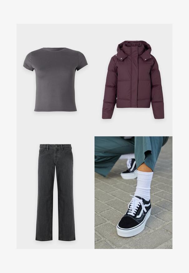 Chaqueta corta acolchada en ciruela oscura con cuello alto, capucha desmontable, mangas largas y cierre delantero oculto.; Camiseta gris de manga corta hecha de una tela suave, con un escote redondo y un diseño ajustado sin patrones ni acentos visibles.; Jeans de pierna ancha de color gris oscuro hechos de mezclilla, con una cinturilla estándar, cinco bolsillos y cierre de botón. Textura lisa y costuras uniformes.; Zapatillas de ante negro con acentos y cordones blancos, que cuentan con una gruesa suela blanca y costuras en contraste, combinadas con un calcetín blanco.
