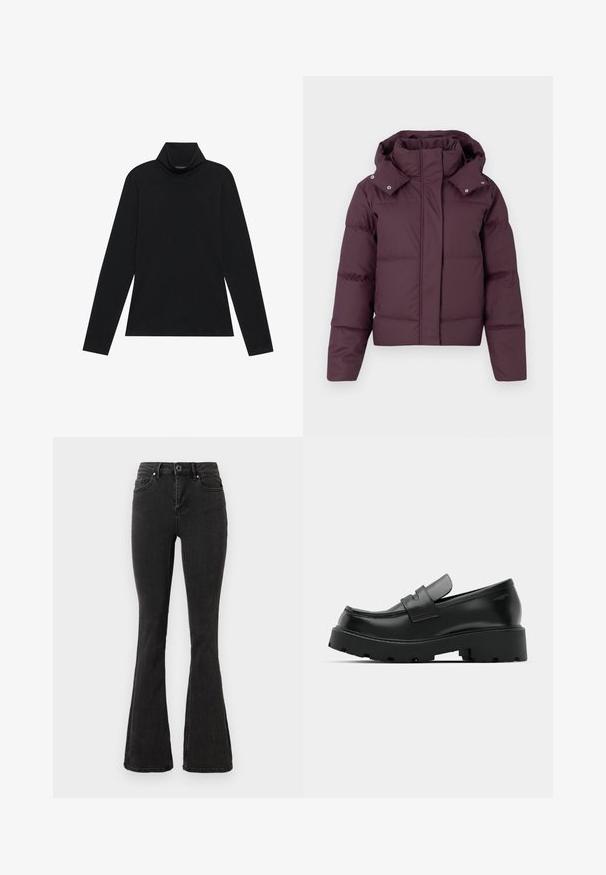 Korte gewatteerde jas in donker pruimkleur met hoge kraag, afneembare capuchon, lange mouwen en verborgen sluiting aan de voorkant.; Zwarte langetermijn turtleneck. Zachte stof, getailleerd design, hoge kraag en zijnaad. Eenvoudige en veelzijdige stijl die geschikt is voor het laagjes dragen.; Zwarte hooggetailleerde flare jeans met voor knoop- en ritsluiting, voor- en achterzakken, en rechte gestikte zomen.; Zwarte leren instappers met een chunky, gestructureerde zool, voorzien van een band over de voet en een gladde, gepolijste afwerking.