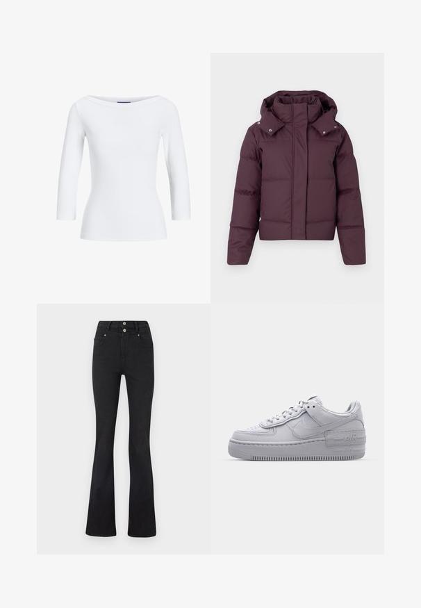 Kort polstret jakke i mørk blomme med høj krave, aftagelig hætte, lange ærmer og skjult frontlukning.; Hvid, ribbet langærmet top med bådudskæring. Stoffet er glat, tætsiddende og har en ren afslutning ved manchetterne og kanten.; Sorte højtaljede jeans med flared ben, forlommer, bæltestropper og to sølvknapper ved taljen.; Grå Nike Air Force 1 sneakers med perforeret tå, glat læderoverdel, tyk sål og præget 'AIR' detalje på hælen.