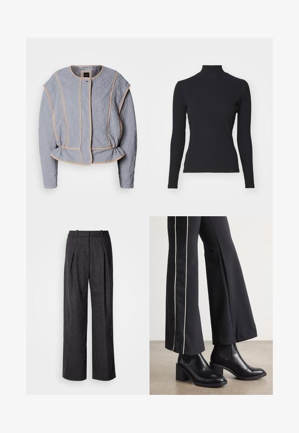 Grau gestepptes Kleid mit floralem Muster, beigen Paspeln, rundem Halsauschnitt und subtiler Taillierung. Mit langen Ärmeln und Frontverschluss.; Schwarzes, geripptes Rollkragenoberteil mit langen Ärmeln. Aus dehnbarem Stoff mit figurbetonter Passform und hohem Kragen. Einfaches Design ohne Verzierungen.; Dunkelgraue weite Hosen aus strukturiertem Stoff, mit vorderen Falten und einem klassischen Taillendesign. Keine sichtbaren Taschen.; Schwarze Lederstiefeletten mit einem Blockabsatz, ausgestattet mit elastischen seitlichen Einsätzen. Kombiniert mit schwarzen Hosen, die einen weißen Seitenstreifen haben.
