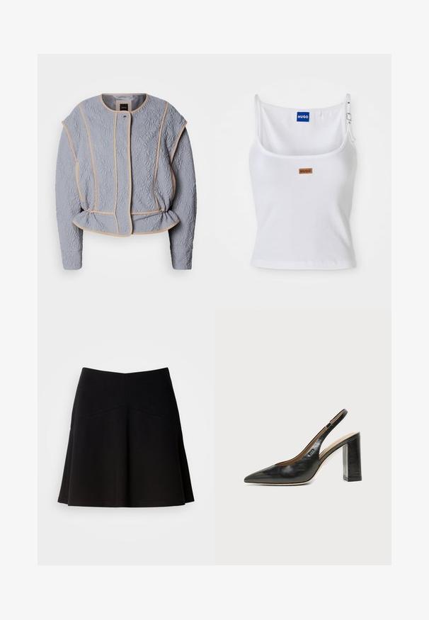 Quiltet grå jakke med blomstermønster, beige pipning, rund udskæring og subtile indsnit i taljen. Har lange ærmer og frontlukning.; Hvid ribbet tanktop med justerbare stropper, der har et blåt logo-label og et lille brunt tag, fremstillet af blødt, strækbart materiale.; Sort flagrende nederdel lavet af blødt stof, med en tætsiddende talje og sømdetaljer. Glat tekstur med et enkelt, klassisk design.; Sort læder peep-toe slingback sko med høj blokhæl og beige indvendig foring mod en ensfarvet lys baggrund.