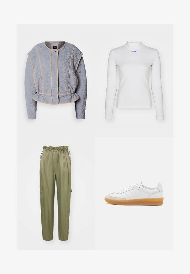 Quiltet grå jakke med blomstermønster, beige pipning, rund udskæring og subtile indsnit i taljen. Har lange ærmer og frontlukning.; Hvid langærmet turtleneck-top lavet af strækstof, med en tætsiddende design og et lille blåt logo på brystet.; Oliven grønne cargo bukser med elastisk talje og snøre, tætsiddende ben og en sidelomme. Glat stof med en mat overflade.; Hvide lædersneakers med beige ruskindsdetaljer, gummisål og snøredesign. Har diskret branding i guld.