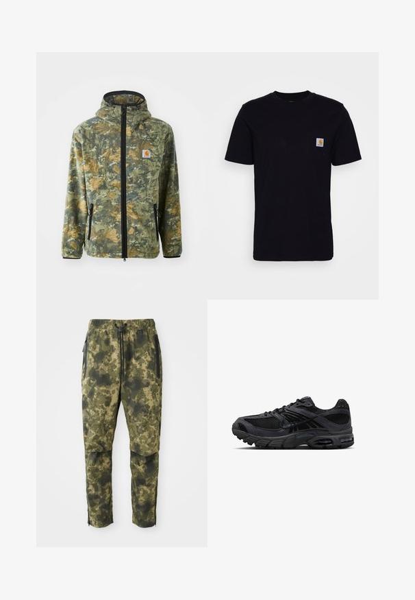 Fleecejacke mit Camouflage-Muster in Grün-, Braun- und Gelbtönen, mit Frontreißverschluss, verstellbare Kapuze und seitlichen Reißverschlusstaschen.; Schwarzes Baumwoll-T-Shirt mit kurzen Ärmeln, rundem Hals und einer Brusttasche, die mit einem kleinen, quadratischen Logo-Patch versehen ist. Einfaches, einfarbiges Design.; Tarnhosen in verschiedenen Grüntönen mit einem digitalen Muster. Sie verfügen über einen elastischen Bund, einen Kordelzug und seitliche, mit Reißverschluss ausgestattete Taschen.; Schwarzer und dunkelgrauer Nike Laufschuh mit Mesh-Gewebe, Wildleder-Overlays, gepolsterter Sohle und sichtbaren Lufteinheiten in Ferse und Vorfuß.