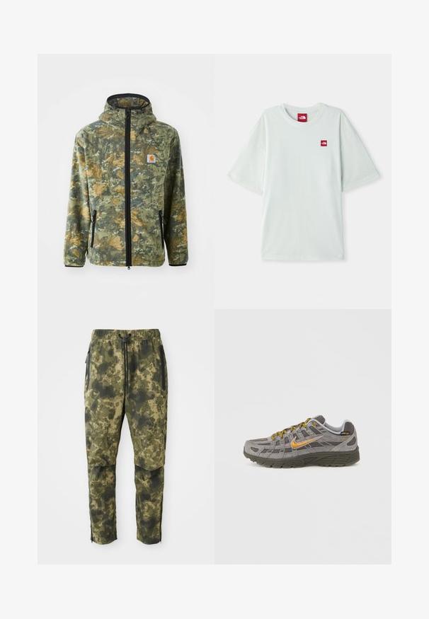 Fleecejack met een camouflagepatroon in groene, bruine en gele tinten, voorrits, verstelbare capuchon en zijzakken met rits.; Lichtgroene T-shirt met korte mouwen van zachte katoen, voorzien van een klein rood logo label op de linker borst. Ontspannen pasvorm en ronde halslijn.; Camo broek in verschillende tinten groen met een digitaal patroon. Voorzien van een elastische tailleband, trekkoord en zijzakken met rits.; Grijze suède sneaker met gouden accenten, gestructureerde panelen en bijpassende veters. Voorzien van een gevoerde zool en een logodetail aan de zijkant.