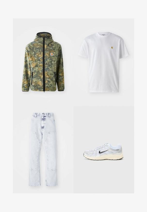 Fleecejakke med camouflage mønster i grønne, brune og gule nuancer, frontlynlås, justerbar hætte og sidelommer med lynlås.; Hvid bomulds t-shirt med korte ærmer, rund hals og et lille guld logo på venstre brystområde. Blød tekstur og almindelig pasform.; Lys blå denim straight-leg jeans med patchlommer, høj talje og en falmet overflade. Har tonede syninger og en afslappet pasform.; Hvide mesh sneakers med sølvdetaljer, sort Nike swoosh, polstret krave og tekstureret sål. Har et lagdelt design for stabilitet.
