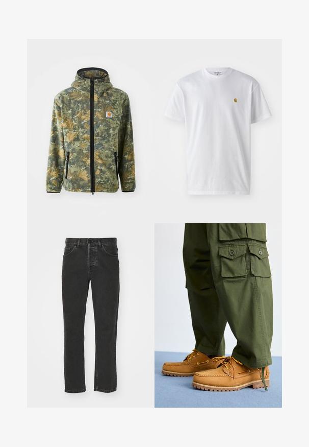 Veste en polaire avec un motif camouflage dans des tons de vert, marron et jaune, fermeture éclair à l'avant, capuche réglable et poches zippées sur les côtés.; T-shirt en coton blanc à manches courtes, col rond, avec un petit logo doré sur la poitrine gauche. Texture douce et coupe régulière.; Jean en denim noir avec une coupe droite, style cinq poches classique, taille avec bouton et finition délavée. Texture lisse, sans motifs visibles.; Timberland AUTHENTIC 3 EYE - Chaussures bateau - wheat