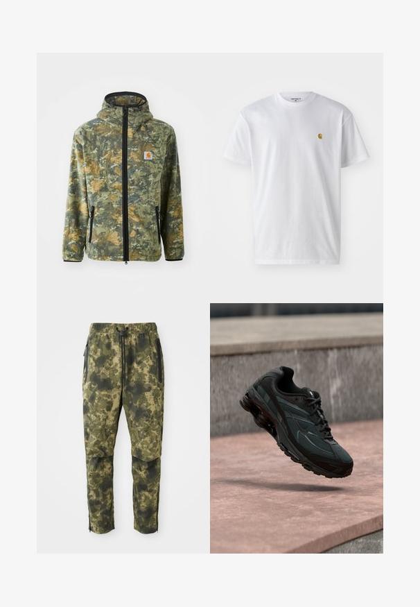 Fleecejacke mit Camouflage-Muster in Grün-, Braun- und Gelbtönen, mit Frontreißverschluss, verstellbare Kapuze und seitlichen Reißverschlusstaschen.; Weißes Baumwoll-T-Shirt mit kurzen Ärmeln, Rundhalsausschnitt, mit einem kleinen goldenen Logo im linken Brustbereich. Weicher Stoff und normale Passform.; Tarnhosen in verschiedenen Grüntönen mit einem digitalen Muster. Sie verfügen über einen elastischen Bund, einen Kordelzug und seitliche, mit Reißverschluss ausgestattete Taschen.; Schwarzer athletischer Sneaker mit sichtbarer Air-Cushioning-Zwischensohle, der über einer rosa Steinoberfläche mit grauer Steinmauer im Hintergrund schwebt.