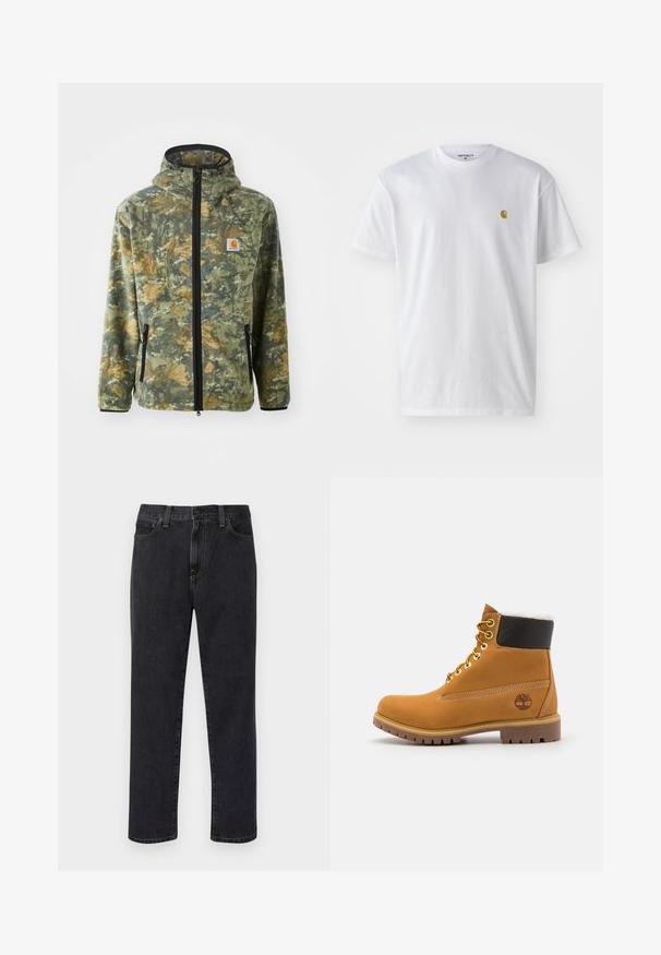 Fleecejakke med camouflage mønster i grønne, brune og gule nuancer, frontlynlås, justerbar hætte og sidelommer med lynlås.; Hvid bomulds t-shirt med korte ærmer, rund hals og et lille guld logo på venstre brystområde. Blød tekstur og almindelig pasform.; Sorte lige ben jeans med frontlommer, bæltestropper og knaplukning, præsenteret mod en hvid baggrund.; Brune læder ankelstøvle med metaløjer, hvid pelsforing, sort polstret krave, robust sål og præget logo på siden.