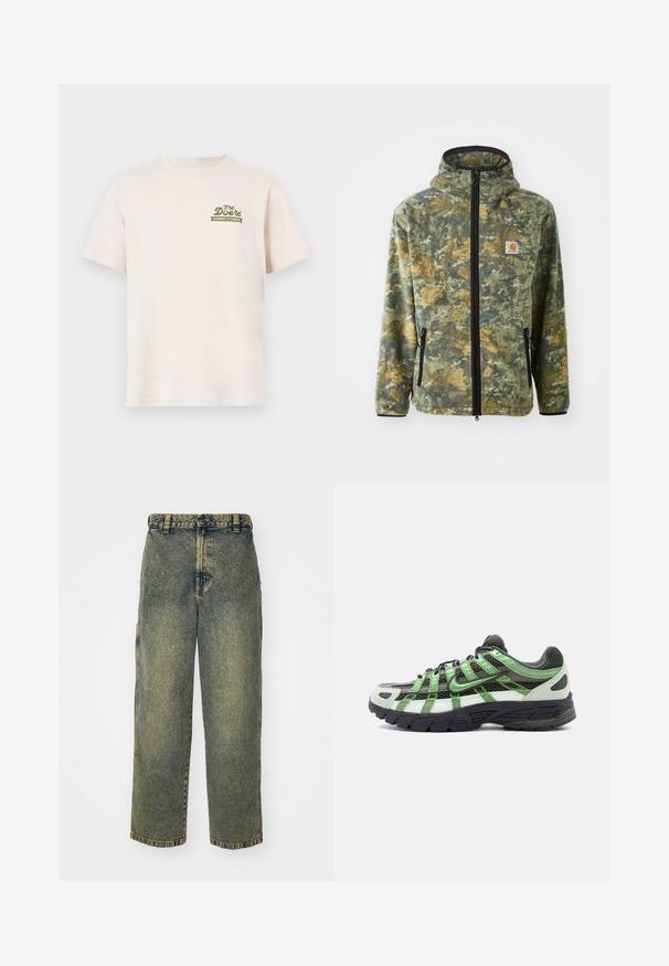 Fleecejack met een camouflagepatroon in groene, bruine en gele tinten, voorrits, verstelbare capuchon en zijzakken met rits.; Crème katoenen t-shirt met korte mouwen. Bevat een groen logo met de tekst "The Doors ELEMENT X TIMBER!" op de linkerborst.; Baggy denim jeans in een vervaagde blauwe en groene was. Heeft een knoopsluiting, riemlussen en zijzakken. Vlakke voorkant en rechte pijpen.; Zwart-witte hardloopschoen met groene accenten, bovenwerk van mesh en dikke zwarte zool, zijaanzicht op witte achtergrond.