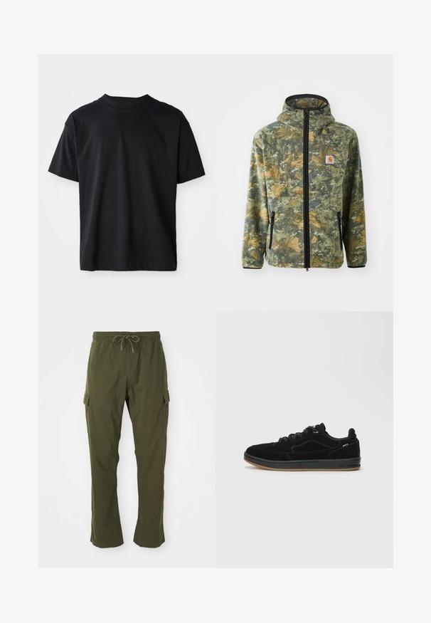 Fleecejack met een camouflagepatroon in groene, bruine en gele tinten, voorrits, verstelbare capuchon en zijzakken met rits.; Zwarte crewneck t-shirt gemaakt van katoen. Korte mouwen, standaard pasvorm, geen zichtbare patronen, minimalistisch ontwerp met een subtiele logo-detail.; Olijfgroene cargobroek met een elastische tailleband, een trekkoord en zijzakken. De stof lijkt zacht met een gladde textuur.; Zwarte suède sneakers met een gladde rubberen zool, voorzien van een lage hals, ronde veters en subtiele stikselaccenten.