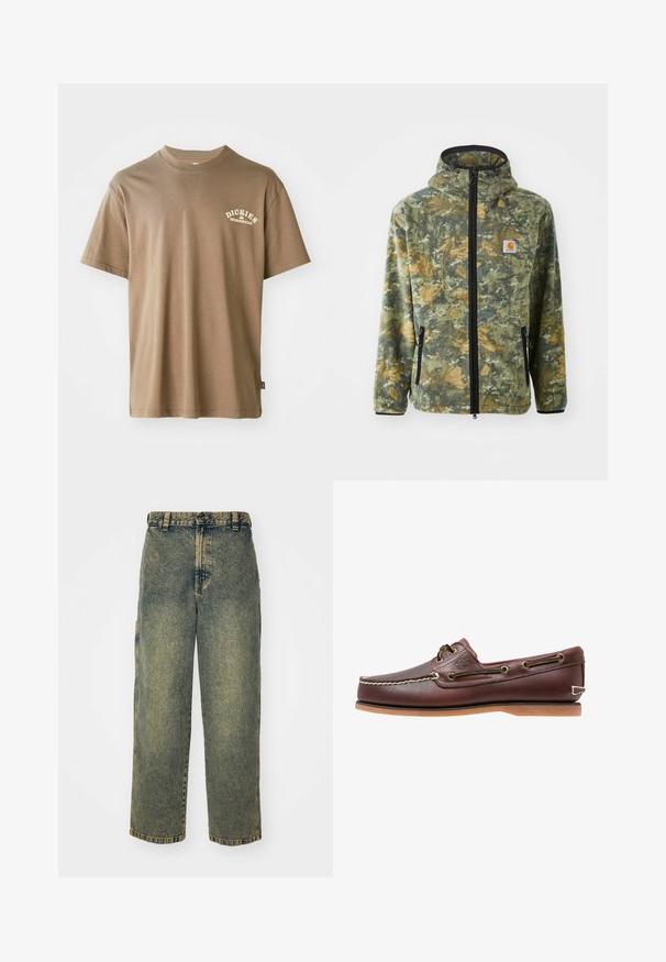 Fleecejacke mit Camouflage-Muster in Grün-, Braun- und Gelbtönen, mit Frontreißverschluss, verstellbare Kapuze und seitlichen Reißverschlusstaschen.; Braunes Baumwoll-T-Shirt mit Rundhalsausschnitt, kurzem Arm und einem weißen Logo mit der Aufschrift "Dickies Workwear" auf der linken Brustseite.; Baggy-Jeans aus Denim in einer verblassten Blauen und Grünen Waschung. Mit Knopfverschluss, Gürtelschlaufen und Seitentaschen. Flaches Vorderteil und gerades Bein-Design.; Brauner Leder-Bootsschuh mit weißen Nähten, Schnürdetails und hellbrauner Gummisohle, seitlich auf weißem Hintergrund gezeigt.
