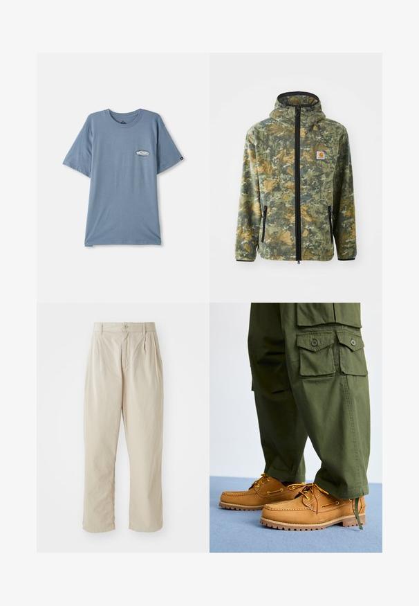 Veste en polaire avec un motif camouflage dans des tons de vert, marron et jaune, fermeture éclair à l'avant, capuche réglable et poches zippées sur les côtés.; T-shirt en coton bleu à manches courtes, col ras du cou et petit logo imprimé sur le côté gauche de la poitrine. Texture douce, coupe décontractée.; Pantalons beiges légers avec une coupe décontractée, plis rentrés à l'avant, fermeture à bouton et ourlets retroussés. Texture lisse, design minimal.; Timberland AUTHENTIC 3 EYE - Chaussures bateau - wheat