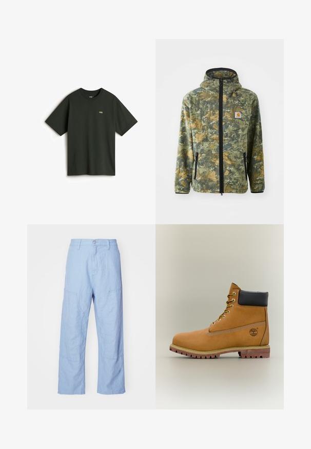 Fleecejakke med camouflage mønster i grønne, brune og gule nuancer, frontlynlås, justerbar hætte og sidelommer med lynlås.; Vans T-shirts basic - dark green; Lyseblå linnedragter med en afslappet pasform, der har patchlommer og synlige stikninger. Stof har et blødt, struktureret udseende.; Brun læderankelstøvle med sort krave, gule snørebånd og tanfarvet sål. Har logo og hvide syninger som detalje. Robust ydersål med greb.