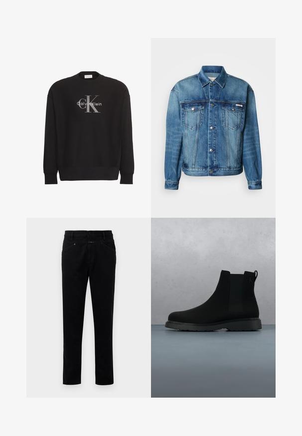 Lyseblå denimjakke med spids krave, knaplukning foran, to brystlommer og lange ærmer med knapper ved manchetterne.; Sort sweatshirt med lange ærmer med stor grå tekstlogo "cK" og hvidt tekstlogo "Calvin Klein" centreret på forsiden.; Sorte denimbukser med straight-leg design, der har knaplukning, fem lommestyle og en glat tekstur.; Sort ankelstøvle lavet af glat materiale med diskrete syninger, en gummisål og et strømlinet design, placeret over en overflade med træstruktur.