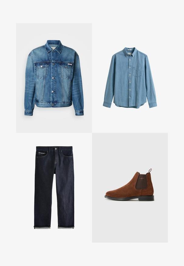 Lyseblå denimjakke med spids krave, knaplukning foran, to brystlommer og lange ærmer med knapper ved manchetterne.; Lyseblå denimskjorte med lange ærmer, knapper foran, brystlomme, knappet krave og hvide knapper.; Mørkeblå denimjeans med en klassisk lige pasform, der har fem lommer, knaplukning og op rullede manchetter, som viser en lys blå foring.; Brune ruskinds Chelsea-støvle med elastisk sideskilt, løkke til at trække i bagpå, sort sål og subtil "GANT" logo på sideskilt.