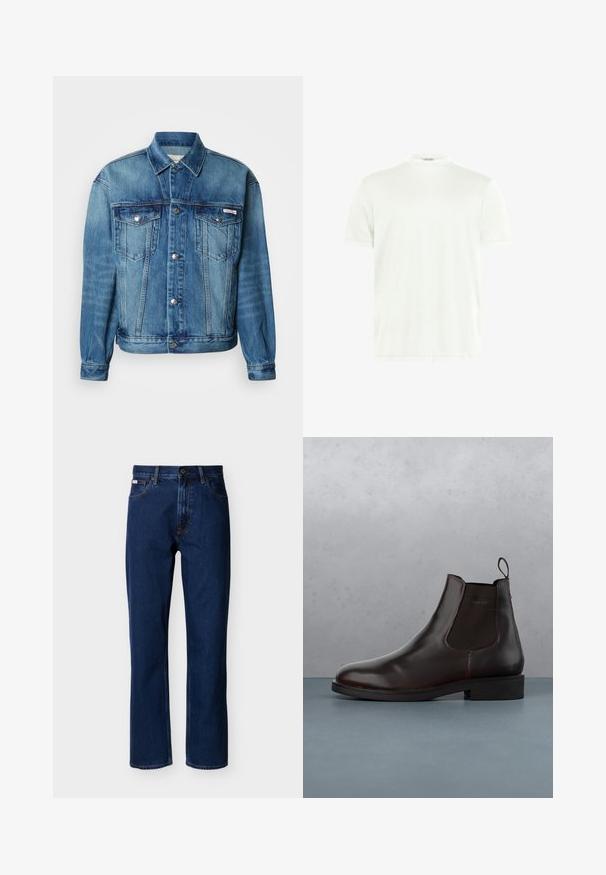 Lyseblå denimjakke med spids krave, knaplukning foran, to brystlommer og lange ærmer med knapper ved manchetterne.; Hvid crewneck T-shirt lavet af blødt stof. Korte ærmer, uden mønstre. Simpelt design med lige kant og minimal detaljer.; Mørkeblå jeans med lige ben lavet af denim, med et klassisk design med fem lommer, diskrete syninger og lukning foran med knapper.; Brune læder Chelsea støvle med elastiske sidepaneler, en hælletab, og en glat finish, placeret på en tekstureret murstens- og grusoverflade.