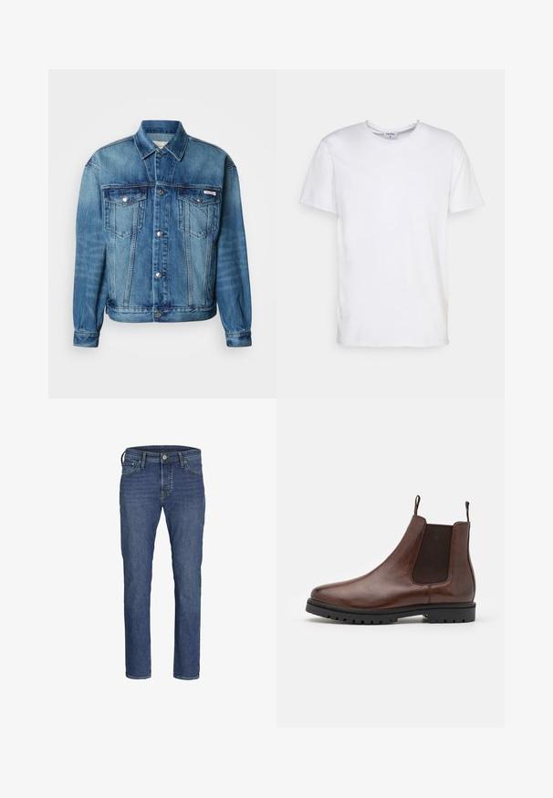 Lyseblå denimjakke med spids krave, knaplukning foran, to brystlommer og lange ærmer med knapper ved manchetterne.; Hvid kortærmet t-shirt lavet af bomuld. Har en rund halsudskæring og en afslappet pasform uden synlige mønstre eller detaljer.; Herre blå denim jeans med lige ben-design, fem lommers styling og klassisk knap- og lynlåslukning.; Brune læder Chelsea-støvle med elastiske sidepaneler, rund tå og tekstureret gummisål, der har trækstropper for nem påtagning.